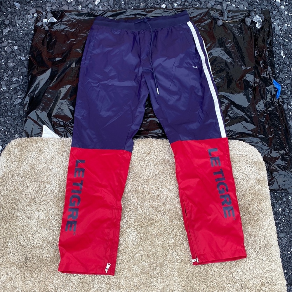 Le Tigre Colorblock Track Pants SIZE L Navy Red Logo Zip Hem